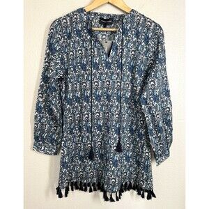 NWT French Curve Blue Paisley‎ Cotton tunic Blouse Lightweight Sz S Tassels Top
